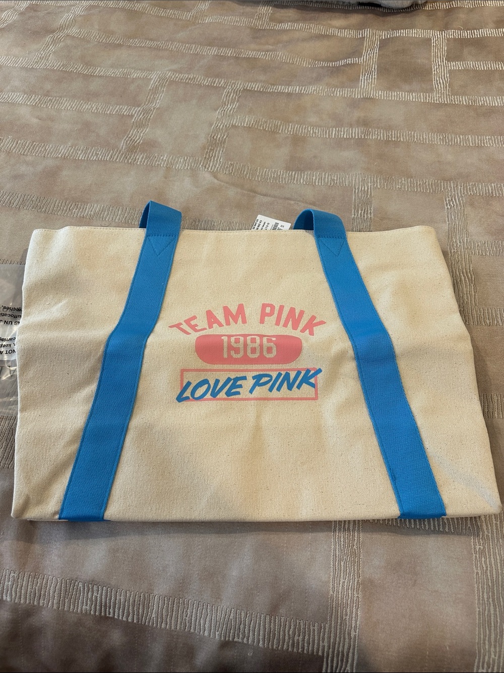 PINK Victoria's Secret Cream Canvas Tote with Blue Straps